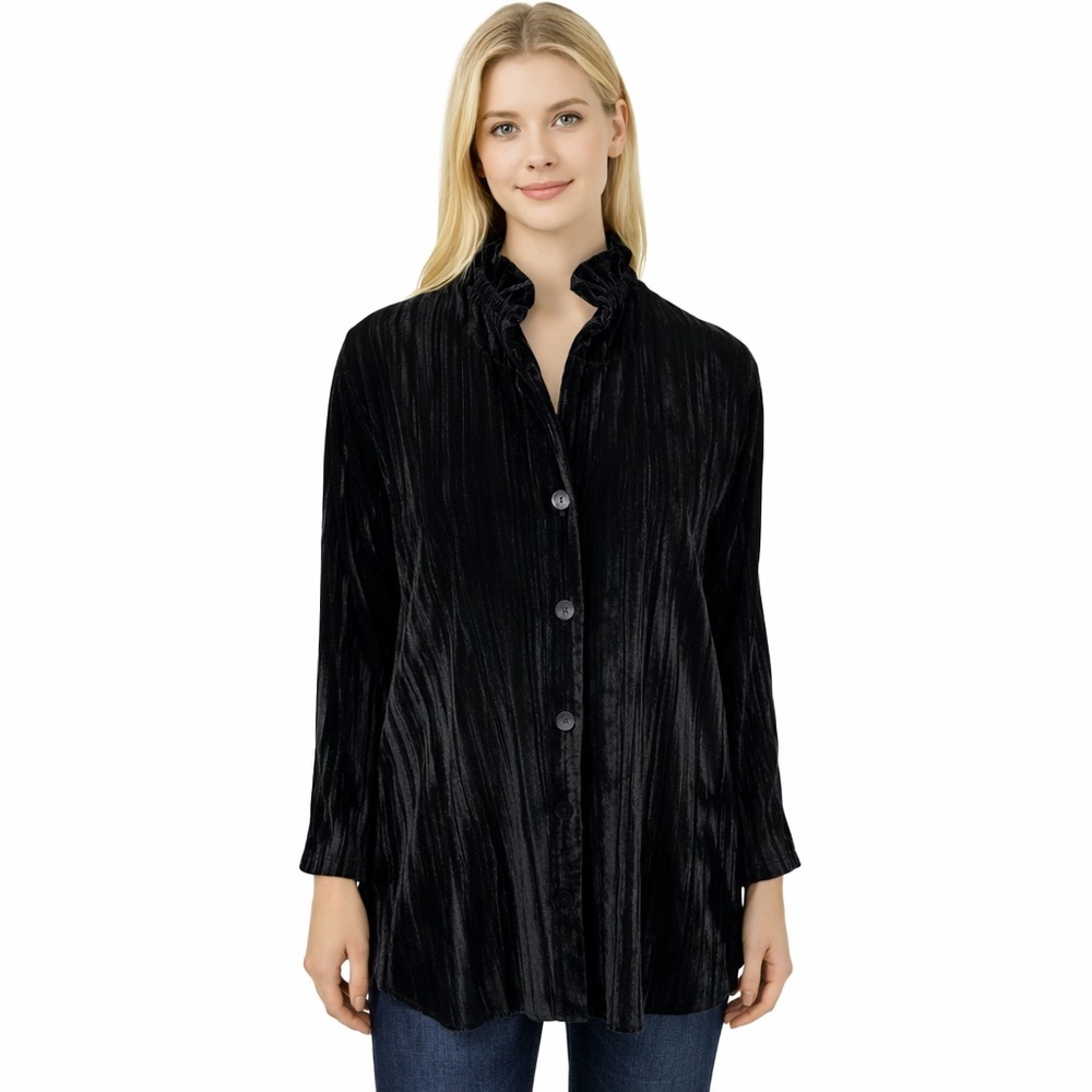 Caroline Rose Black Velvet Burnout Button Long Shirt Artsy A-line Elegant Size M